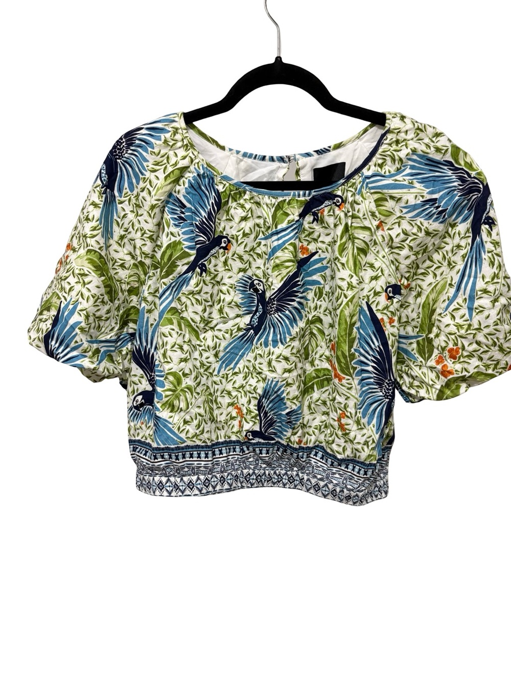 Tropical Resortwear Parrot Print Puff Sleeve Crop Blouse Green Blue Sz xl